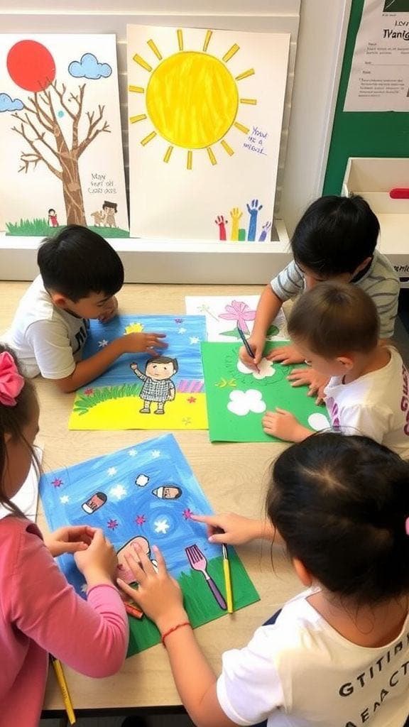 教室で制作活動をする児童